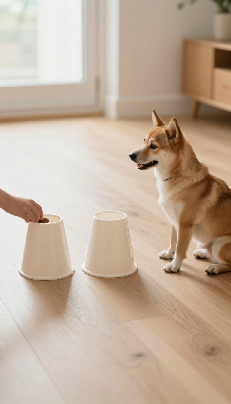 A child's hand lifts one of three plastic cups to reveal a treat while a dog watches eagerly, illustrating the Cup Game for dog training.