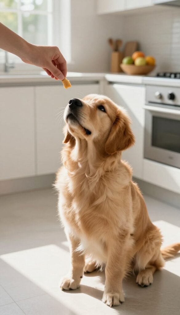 Puppy practicing a training cue during a lunch break in a sunlit kitchen