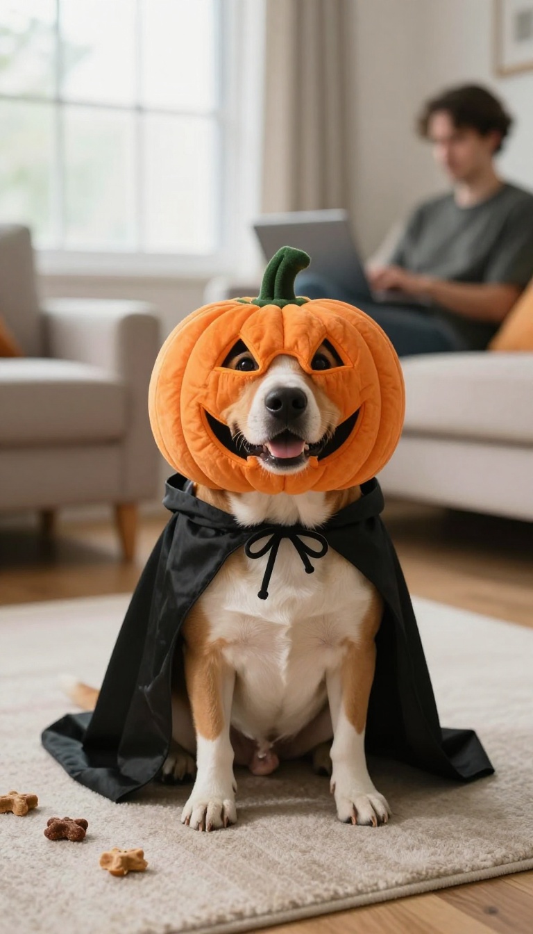 A dog wearing a simple Halloween costume sitting calmly in a living room during a short test drive session, with treats nearby.
