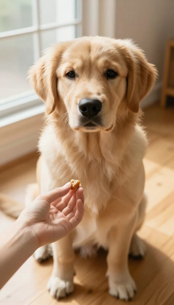 Hand offering a treat to a calm puppy in a sunlit room, illustrating positive reinforcement training.