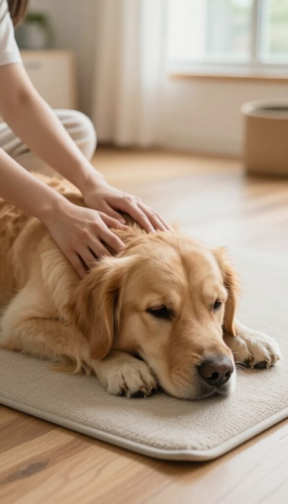 Person gently massaging a relaxed golden retriever lying on a mat in a bright living room