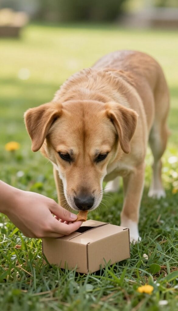 Dog touching a cardboard box with its nose during an outdoor targeting game.