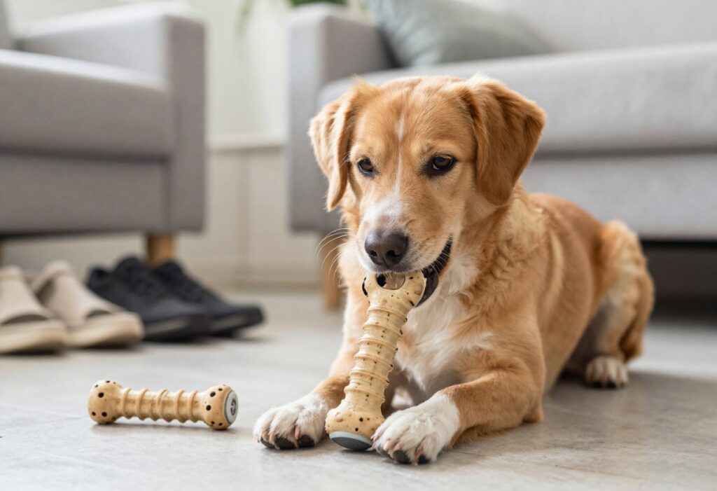 Dog chewing on a toy instead of shoes