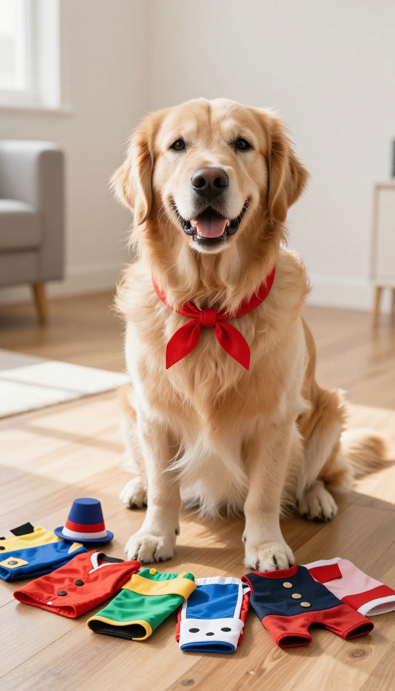 Golden retriever wearing a red bandana with costume pieces beside it in a bright living room