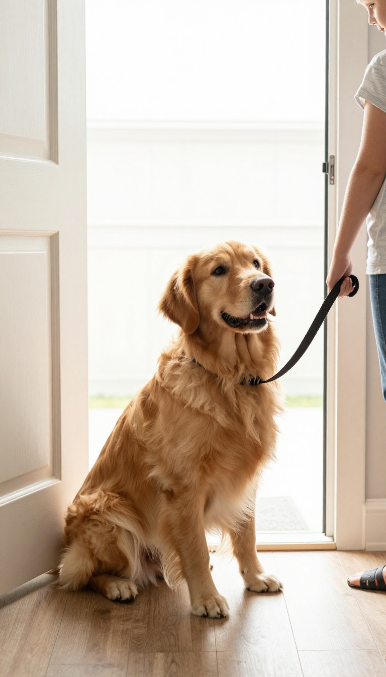 A dog waiting calmly at a slightly open door while a child holds the leash, illustrating a door-waiting training game.