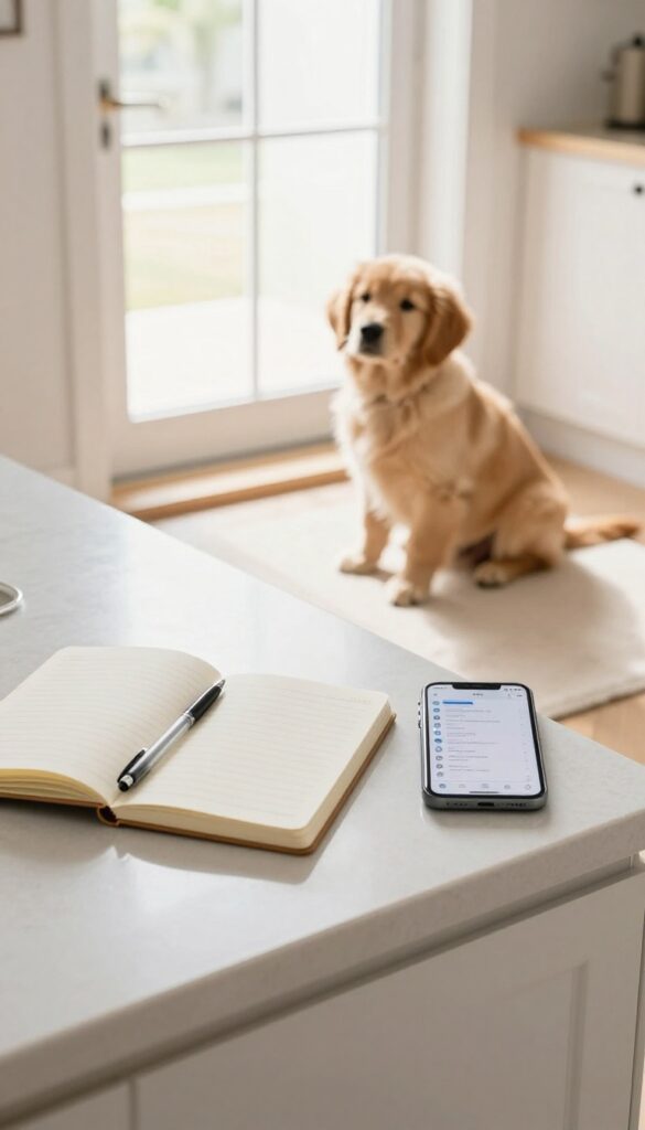 A notebook and phone on a kitchen counter with a puppy waiting by the door, illustrating the concept of keeping a potty log.