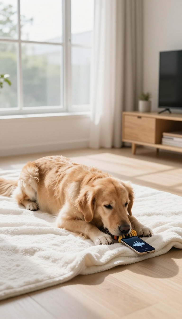 Calm dog listening to engine sounds at home