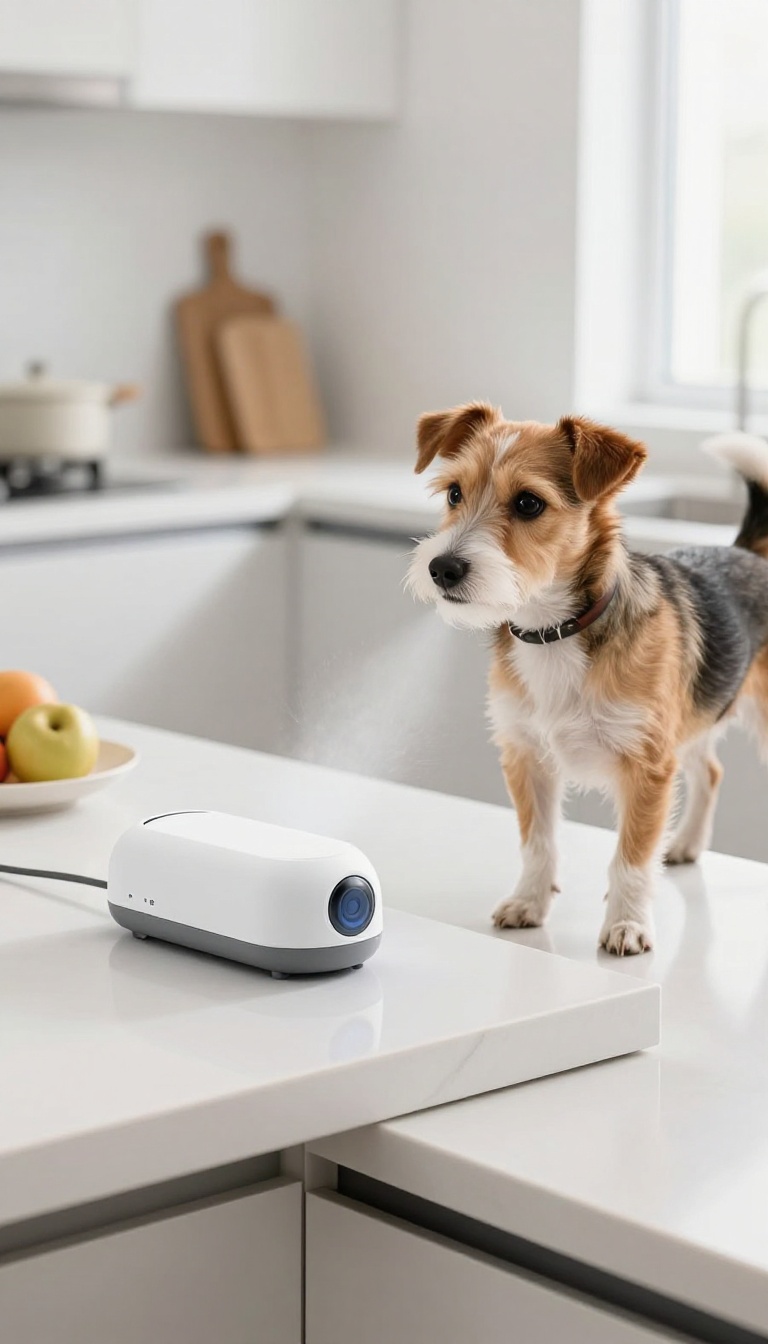 A dog jumping toward a kitchen counter with a motion-activated air deterrent device emitting a puff of air, capturing the moment of surprise.
