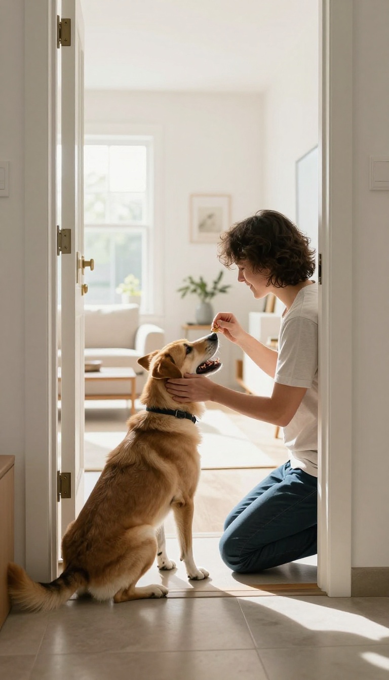 A person rewards a dog for turning back from an open doorway during a recall training session.