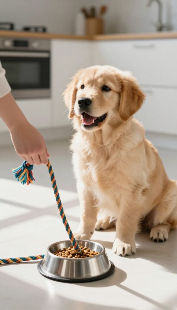 Golden retriever puppy releasing a toy next to a food bowl during a training session in a bright kitchen