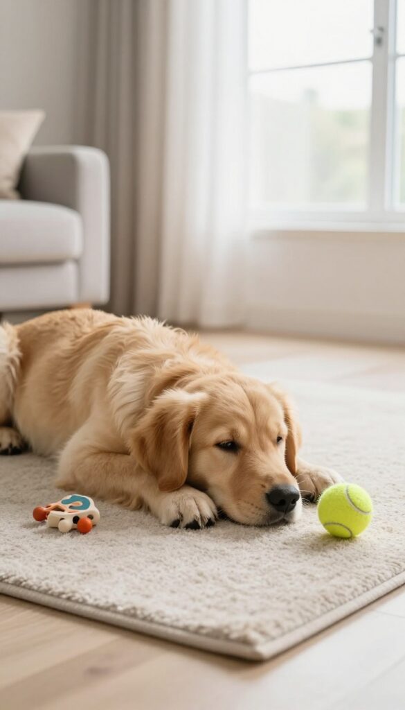 Tired puppy resting on a rug after exercise and mental stimulation