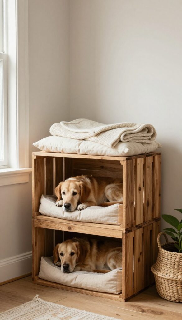 A dog resting on a cozy wine crate bed with cushions in a sunlit rustic living room.