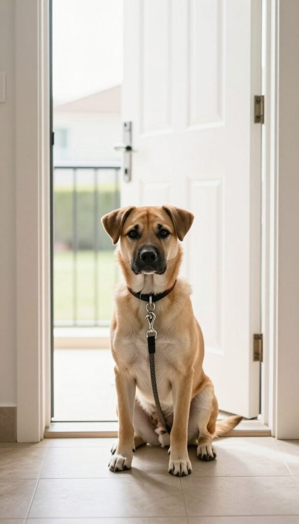 Puppy waiting calmly at an open front door during training