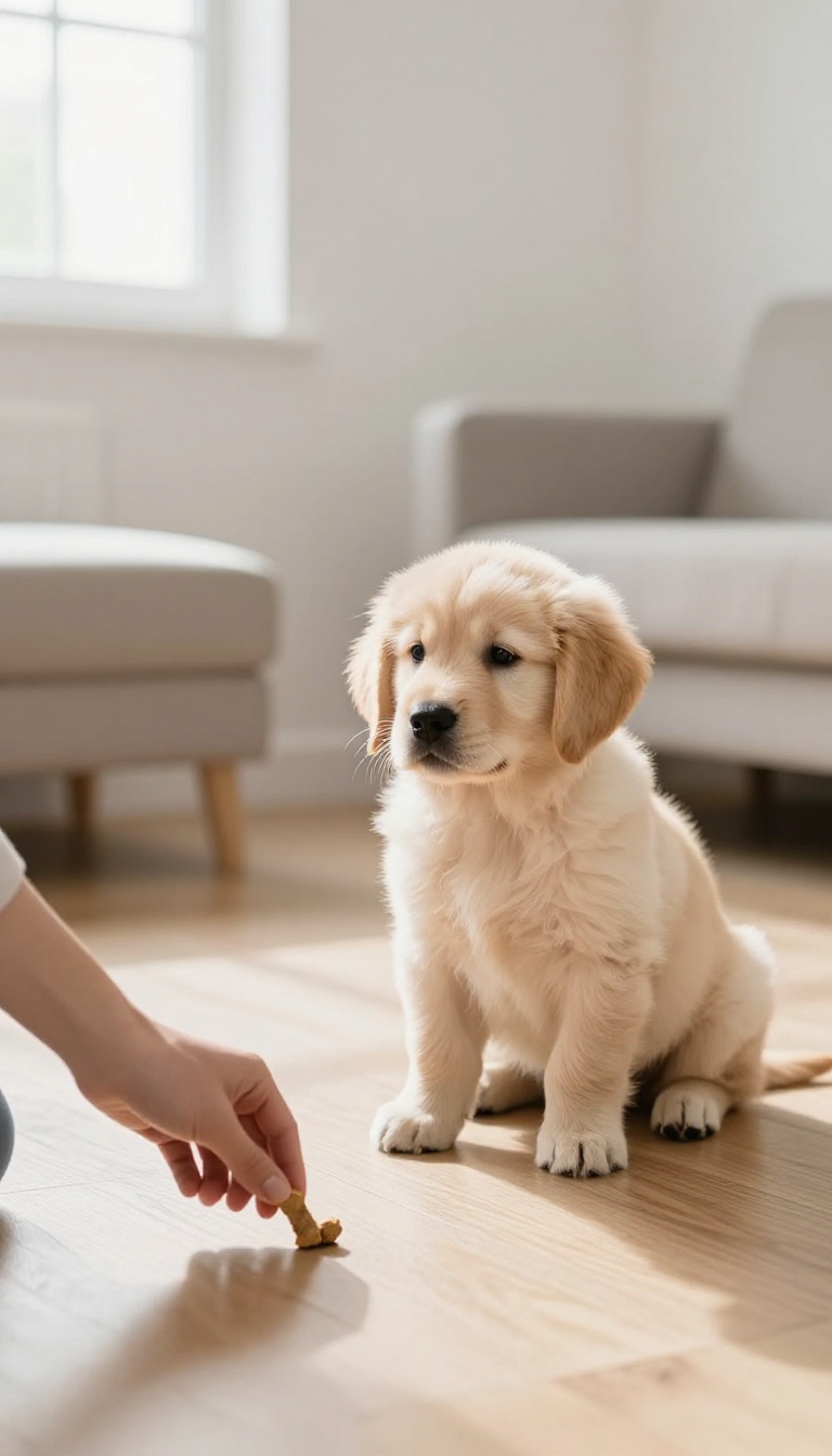 Puppy sitting patiently while a treat is tossed on the floor, looking back at the trainer for a reward