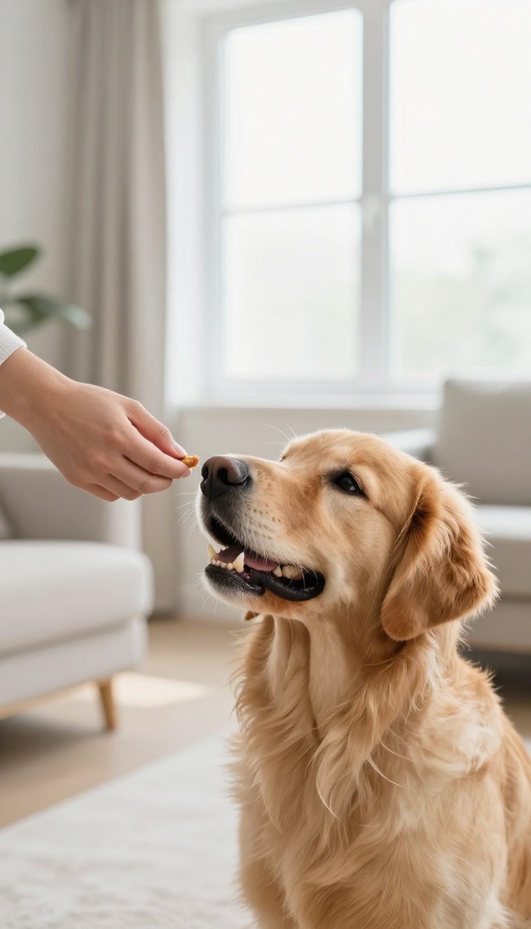 Dog trainer using a hand signal and treat to teach a dog to sit in a bright living room