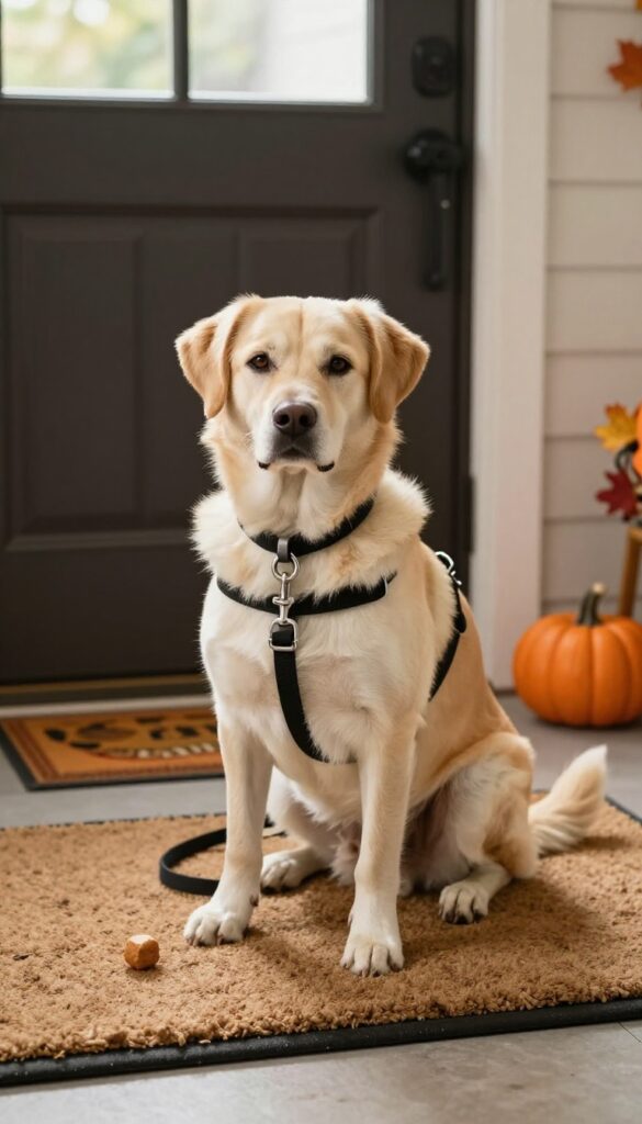 A calm dog tethered by a leash near a front door with Halloween decor in the background