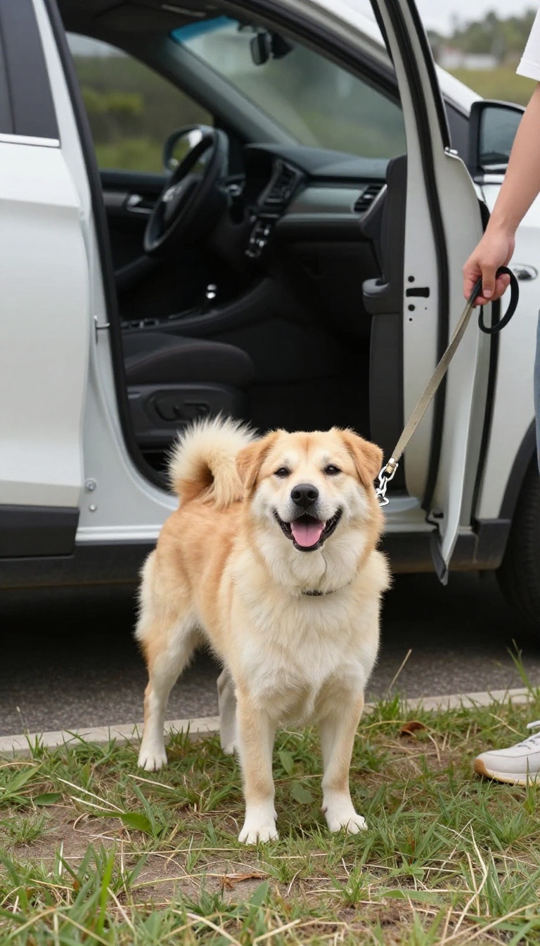 Happy dog on a leash at a roadside rest stop during a car trip