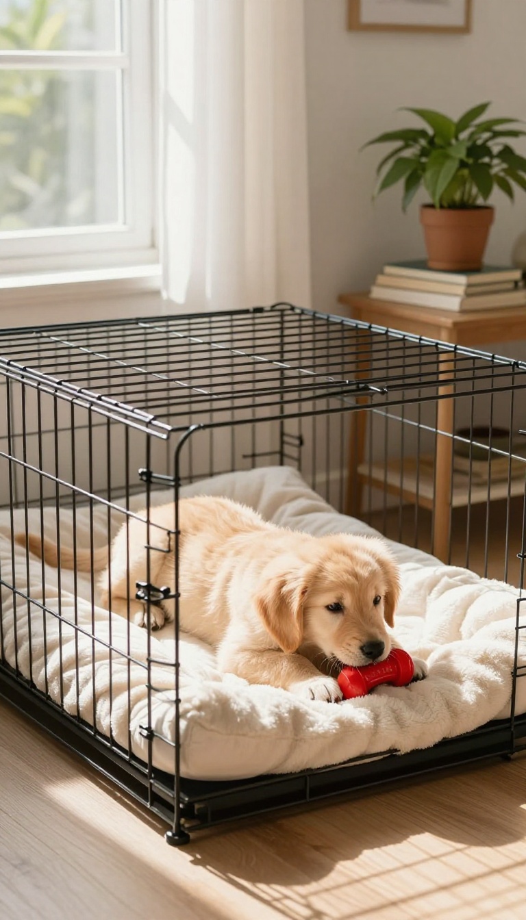 Golden retriever puppy calmly chewing a toy inside a cozy, sunlit crate with an open door, showcasing a positive crate training environment.