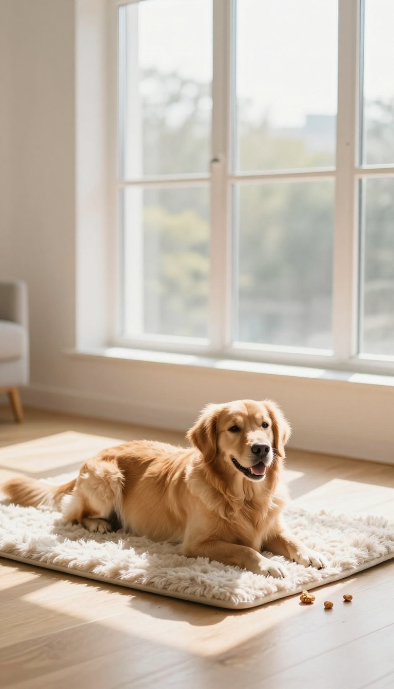 A calm golden retriever lying on a plush mat in a sunlit living room, with treats nearby, representing positive mat training.