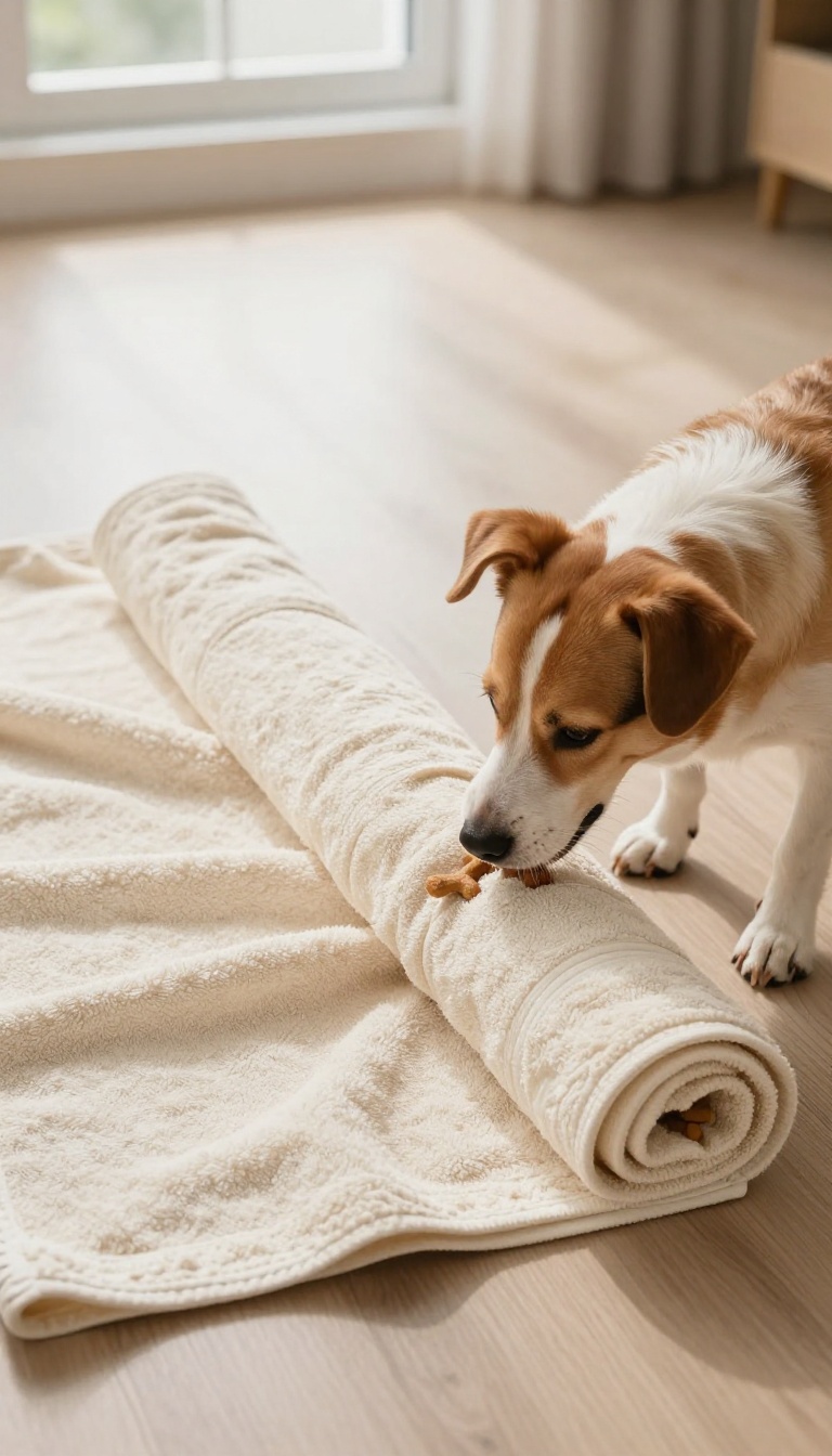 Dog sniffing a rolled towel with treats inside on a living room floor