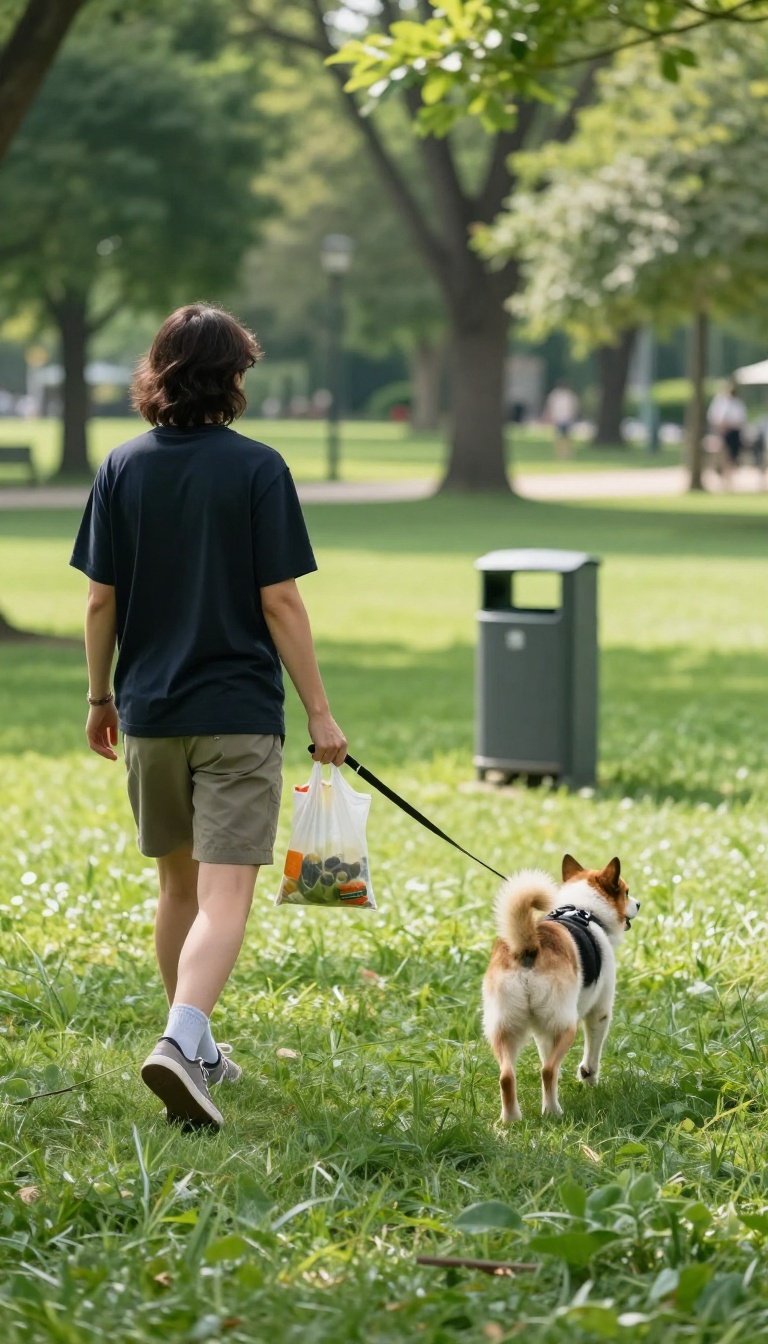 Person carrying a dog waste bag while walking a dog on a sunny path