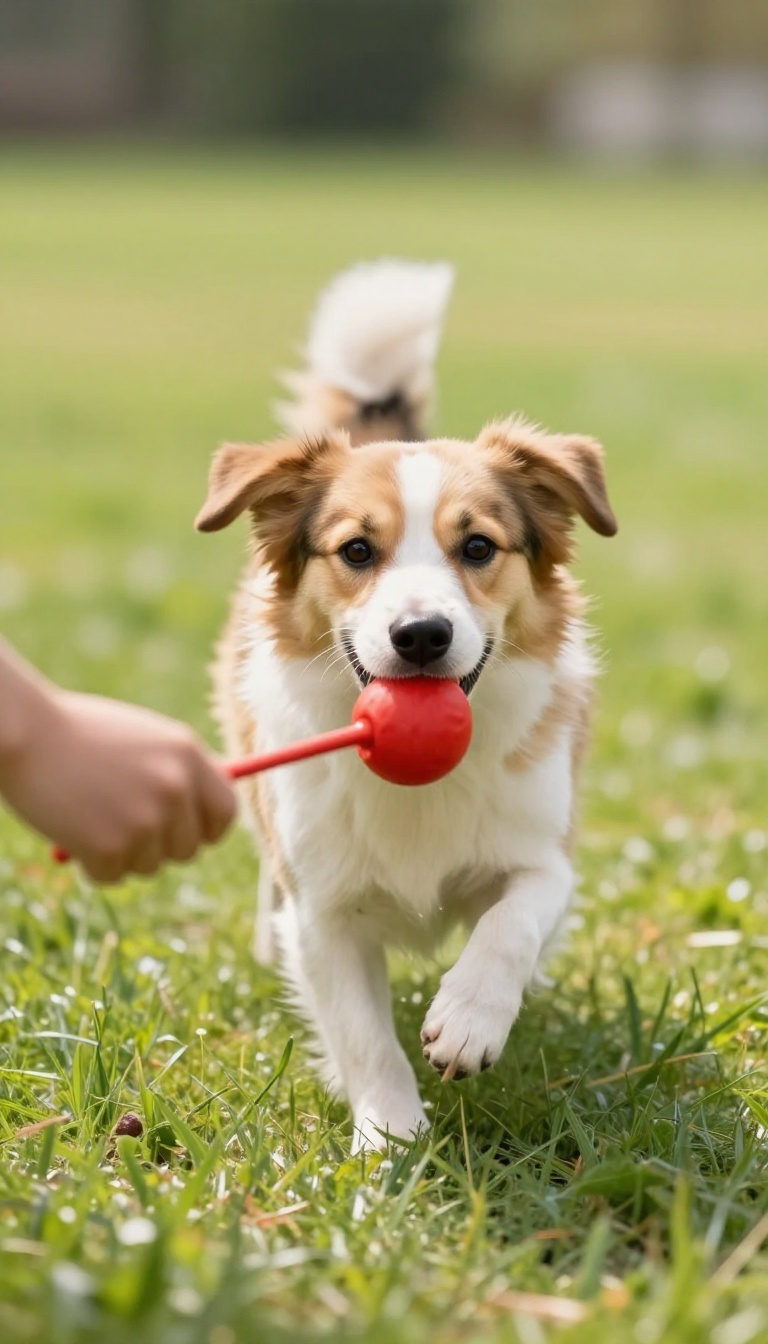 Happy dog running toward camera in sunny backyard with toy in hand