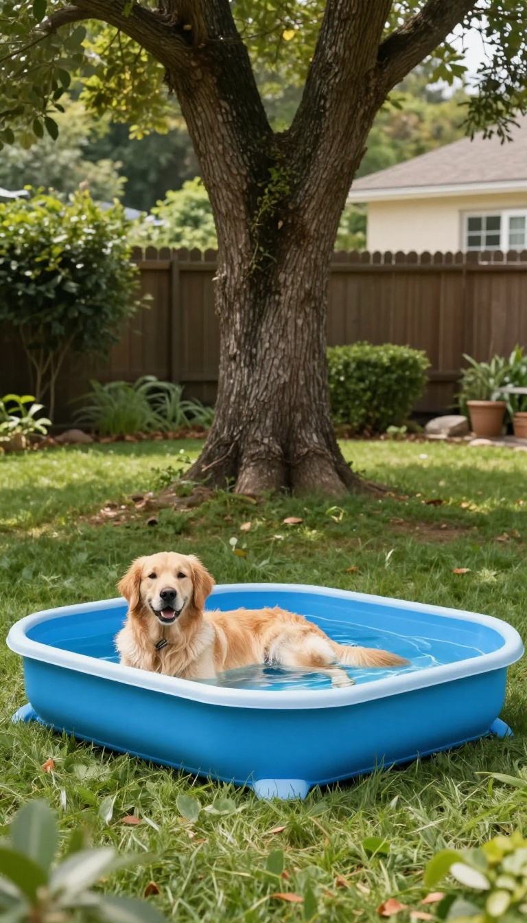 A dog relaxing in a kiddie pool in a shaded backyard corner