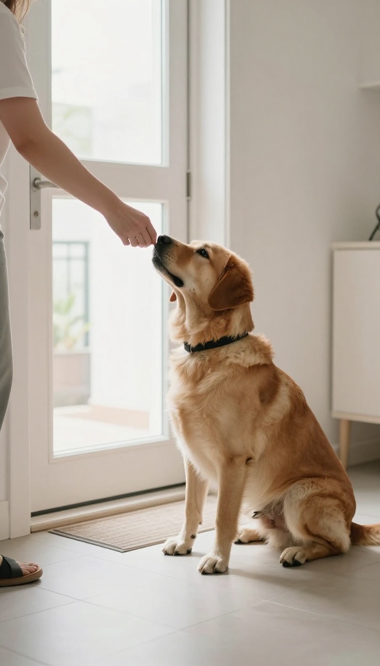 Dog sitting calmly by the door during a training drill, with a hand offering a treat.