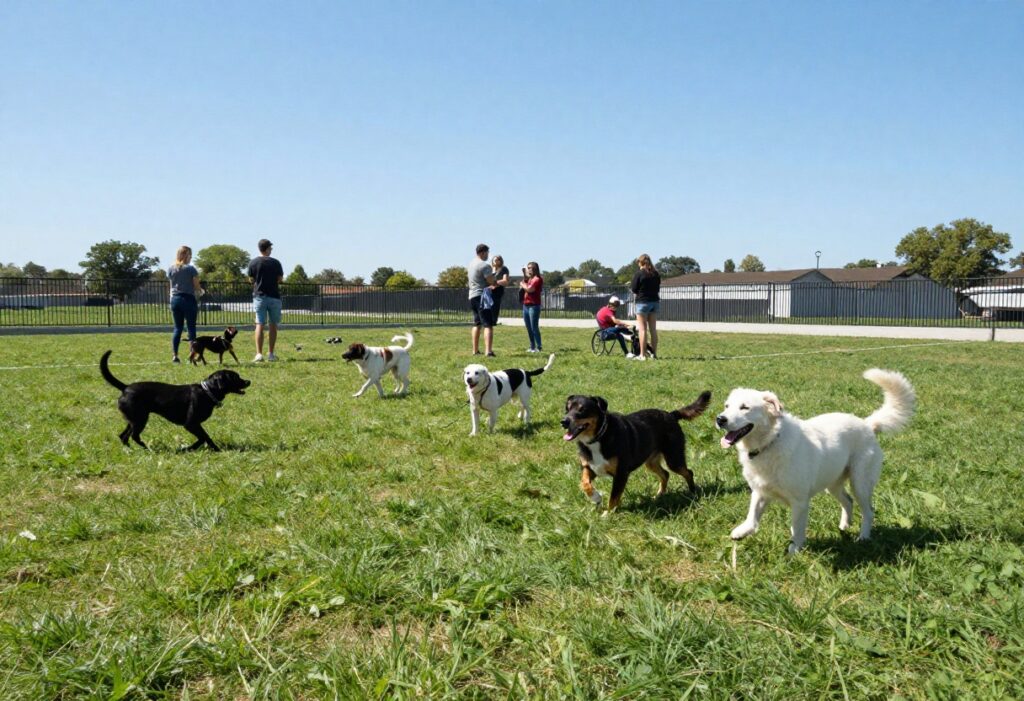 Dogs playing happily in a fenced dog park