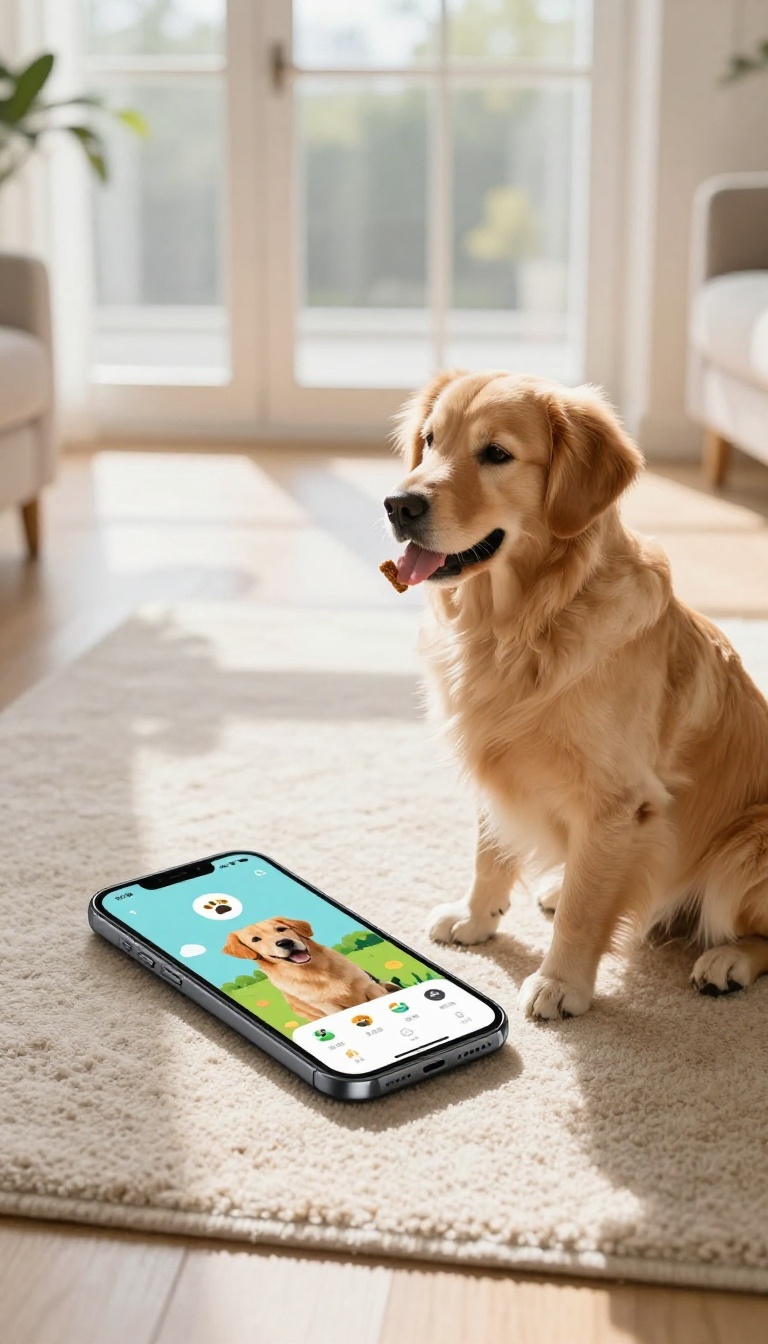 A dog looking at a smartphone with a training app on the floor in a sunlit living room.