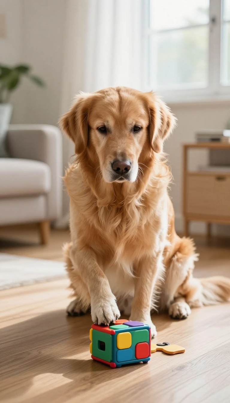 Senior dog solving a puzzle toy with treats in a bright living room