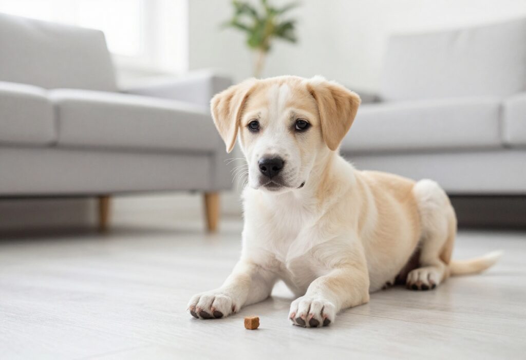 Puppy sitting calmly during an impulse-control training session