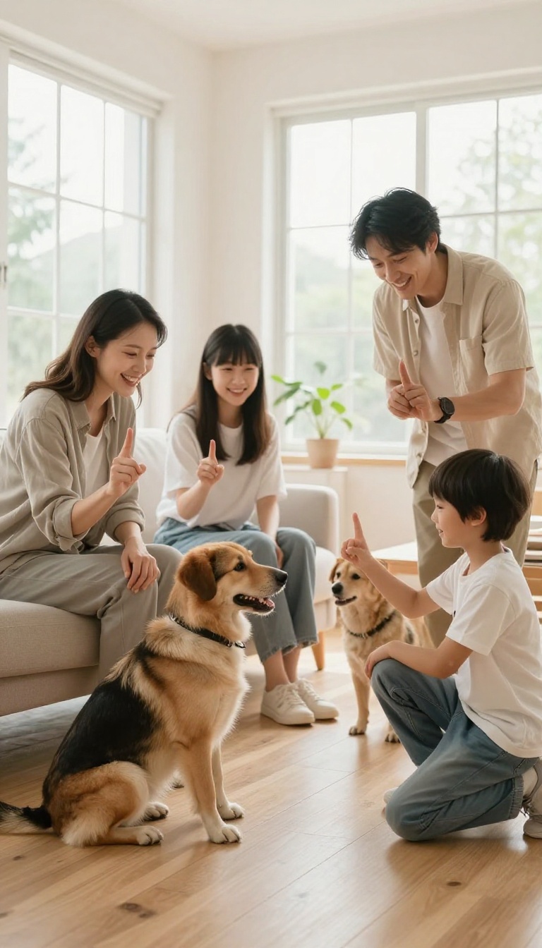 A rescue dog sits calmly as three family members give the same hand signal, illustrating consistency in training.