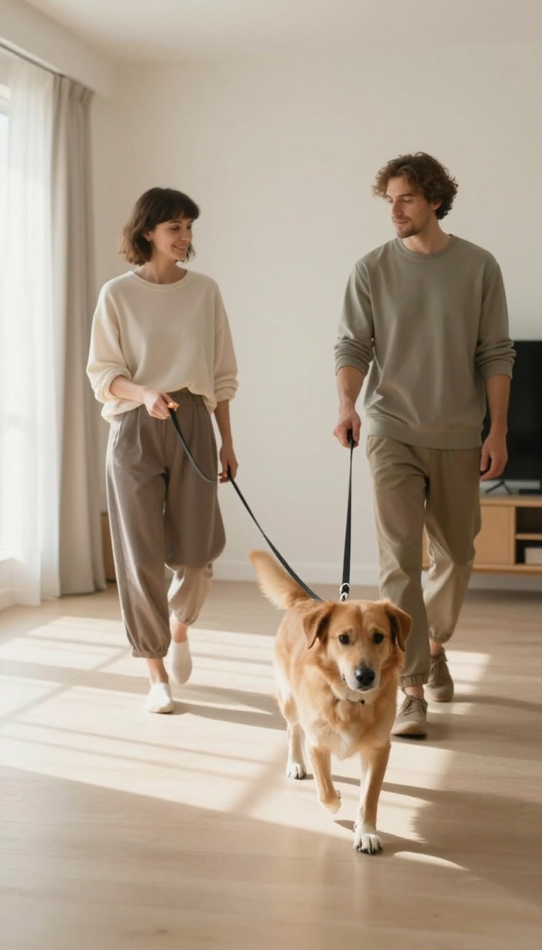 Dog and owner practicing loose-leash walking in a bright living room, with the dog walking calmly beside the owner who holds a treat.