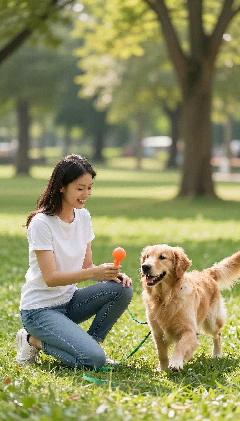 Woman rewarding a golden retriever with a toy during a recall training game in a sunny park.