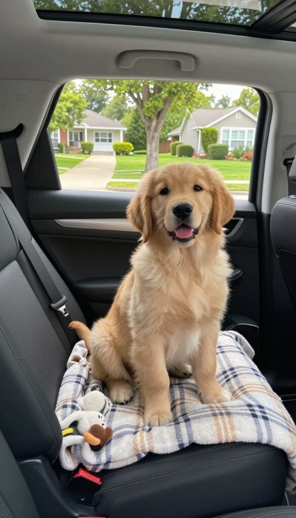 Golden retriever puppy sitting calmly in a car seat, looking out the window during a short ride.