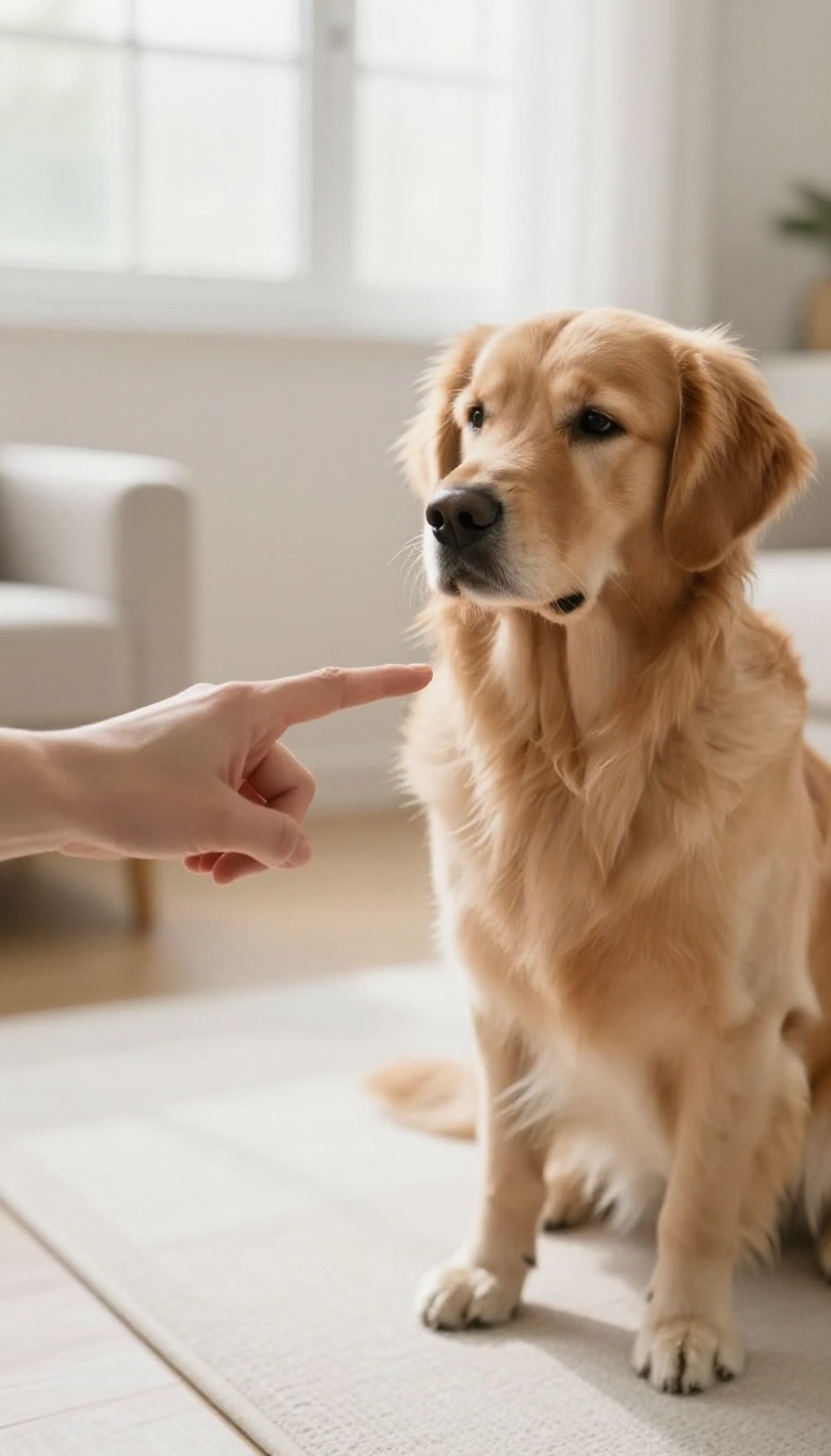 Hand with two fingers pointing at a dog on a mat in a bright room