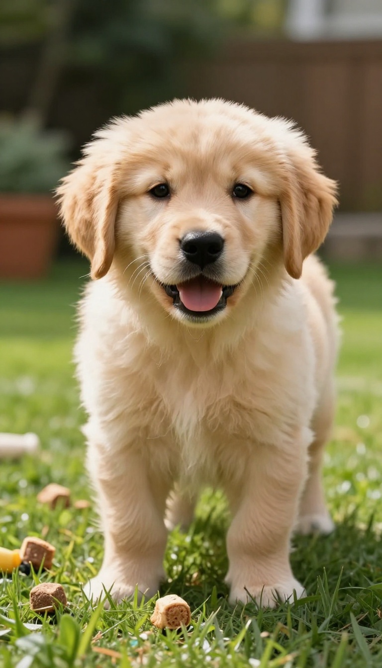 Dog sniffing the ground in a sunny backyard with treats and toys placed around for a scent game