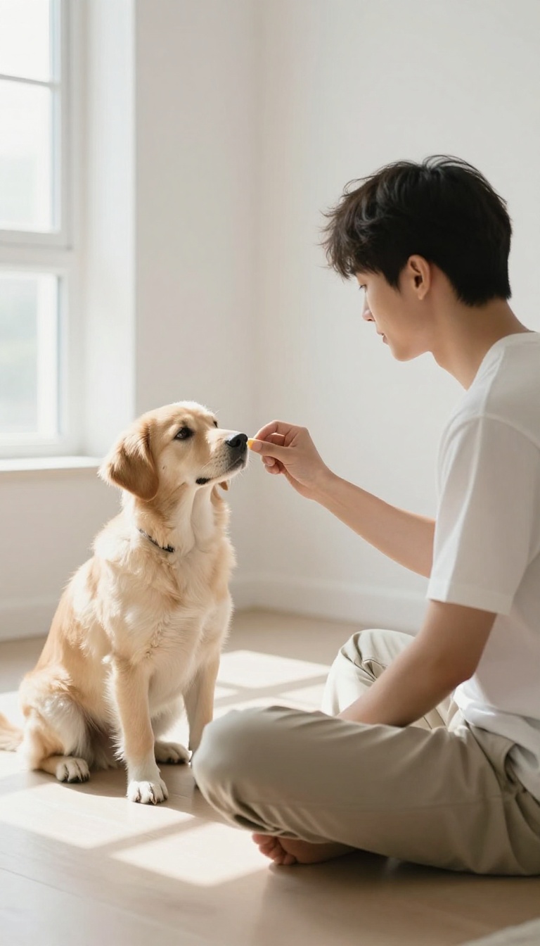 Dog training in a quiet living room, owner and dog focused, natural light, no distractions