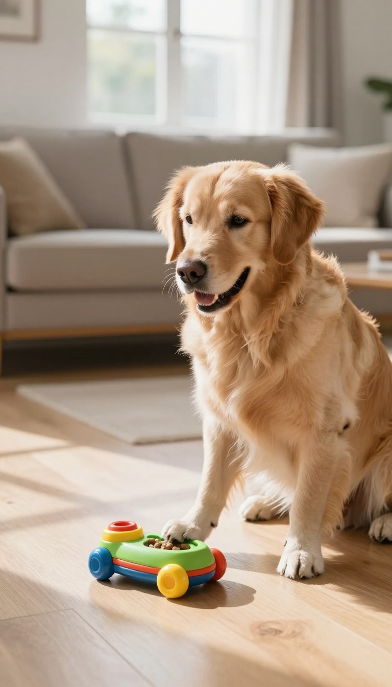 A dog playing with an interactive puzzle toy in a bright living room