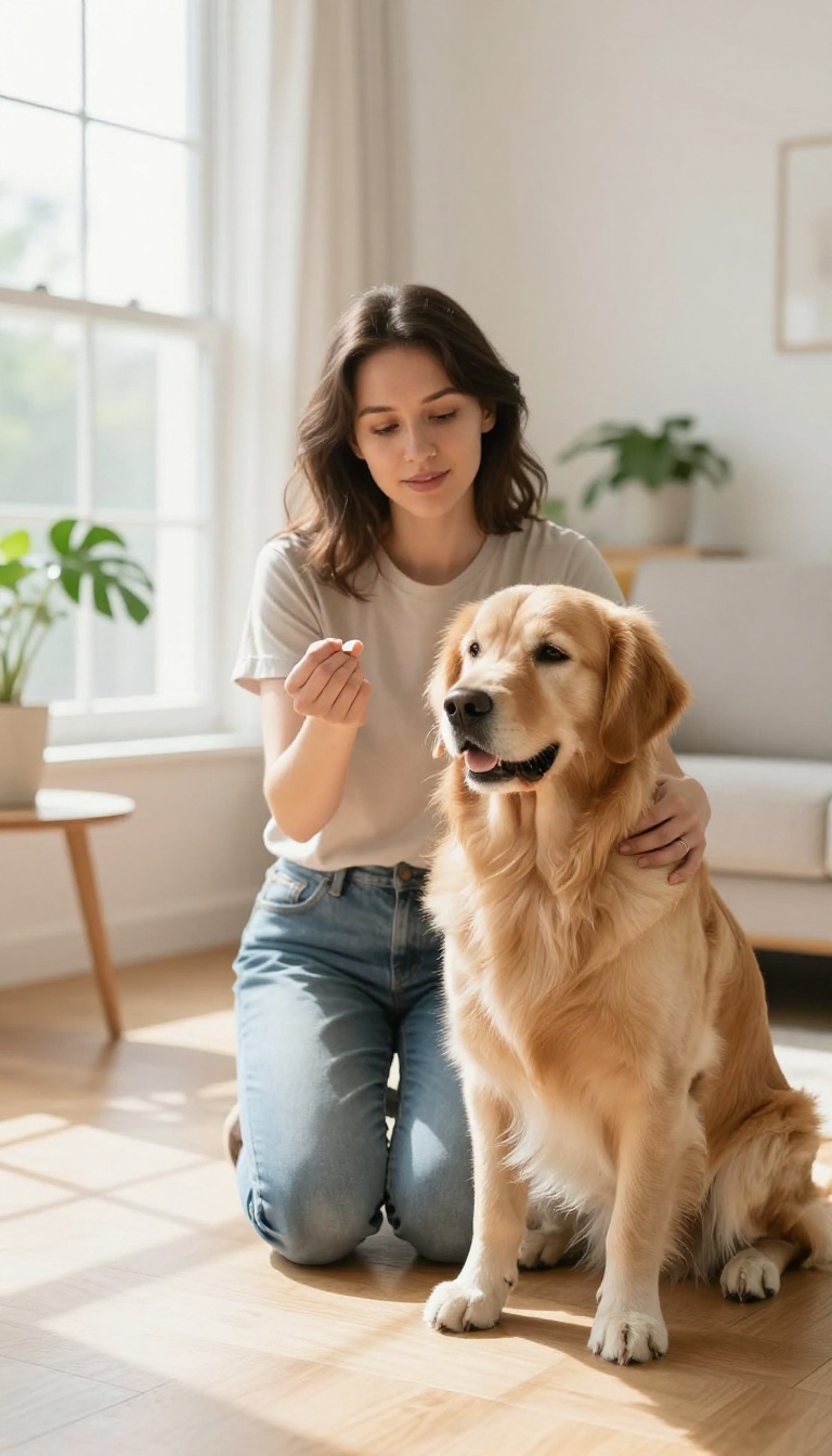 Dog owner training a golden retriever to 'leave it' in a bright living room