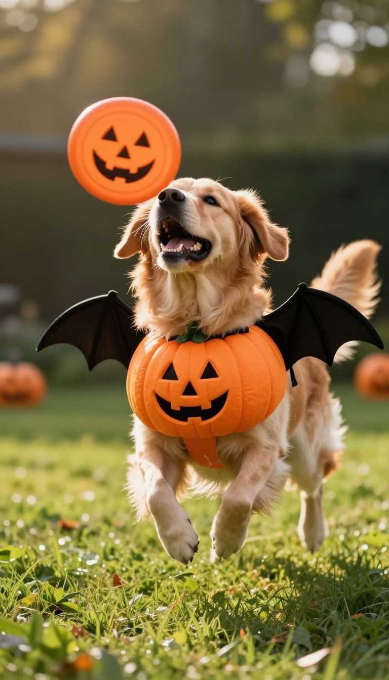 Happy dog in a Halloween costume playing fetch in a sunny backyard