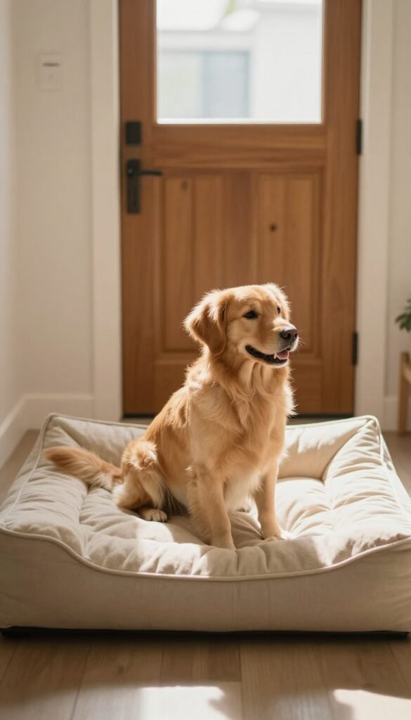 A calm dog sitting on a designated mat near the entryway, ready to greet guests politely.