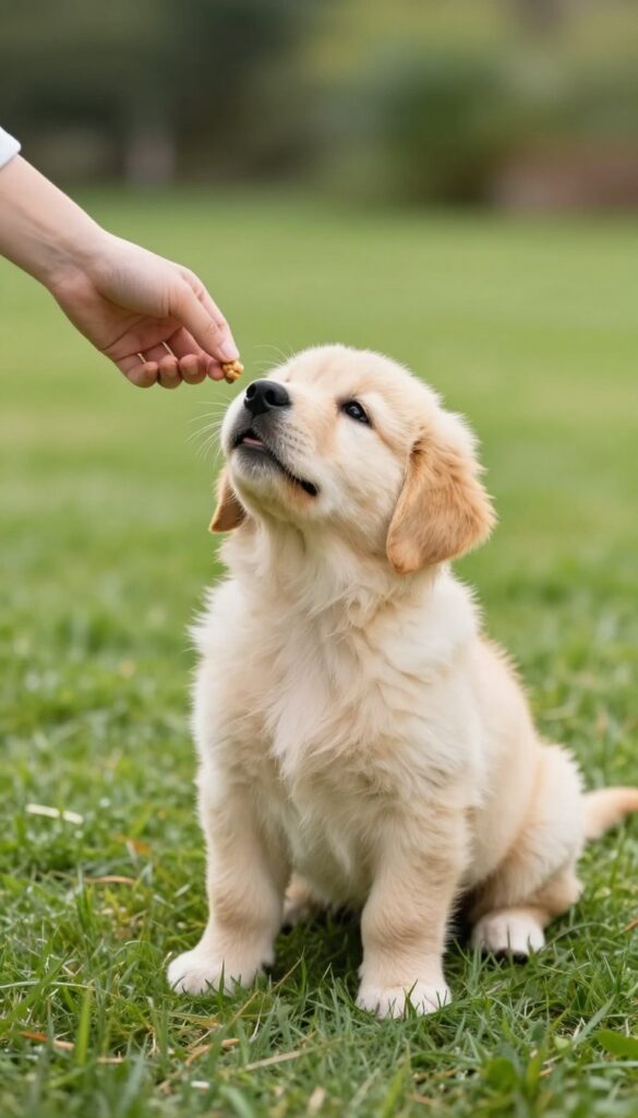Golden retriever puppy receiving a treat outdoors after potty training