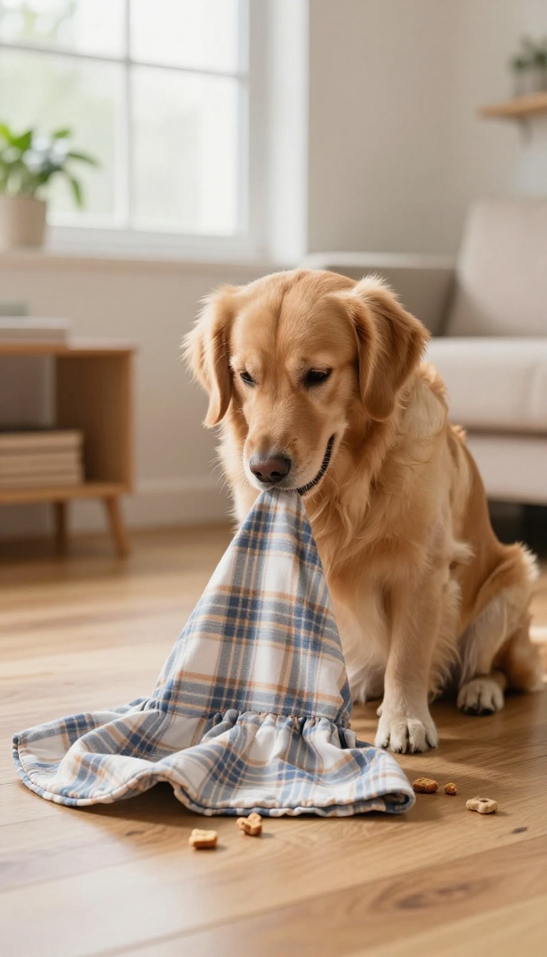 A calm golden retriever curiously sniffing a plaid costume fabric on a sunny wooden floor with treats nearby.