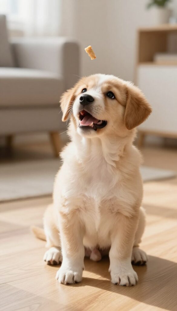 Puppy looking up at a treat in a bright living room during a recall training session