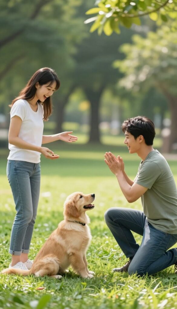 Two people calling a puppy from opposite sides in a sunny park, with the puppy in the middle looking eager