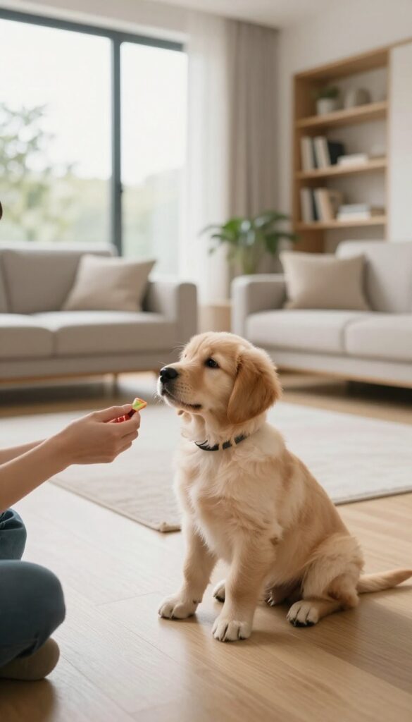 A puppy sitting and looking at a treat during a morning training session in a bright living room.