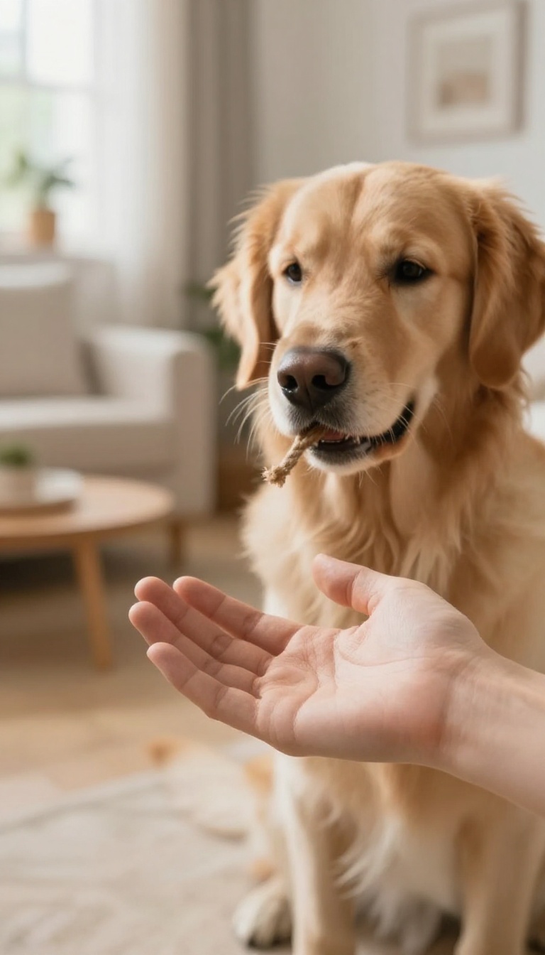 Open palm hand signal with dog dropping a toy