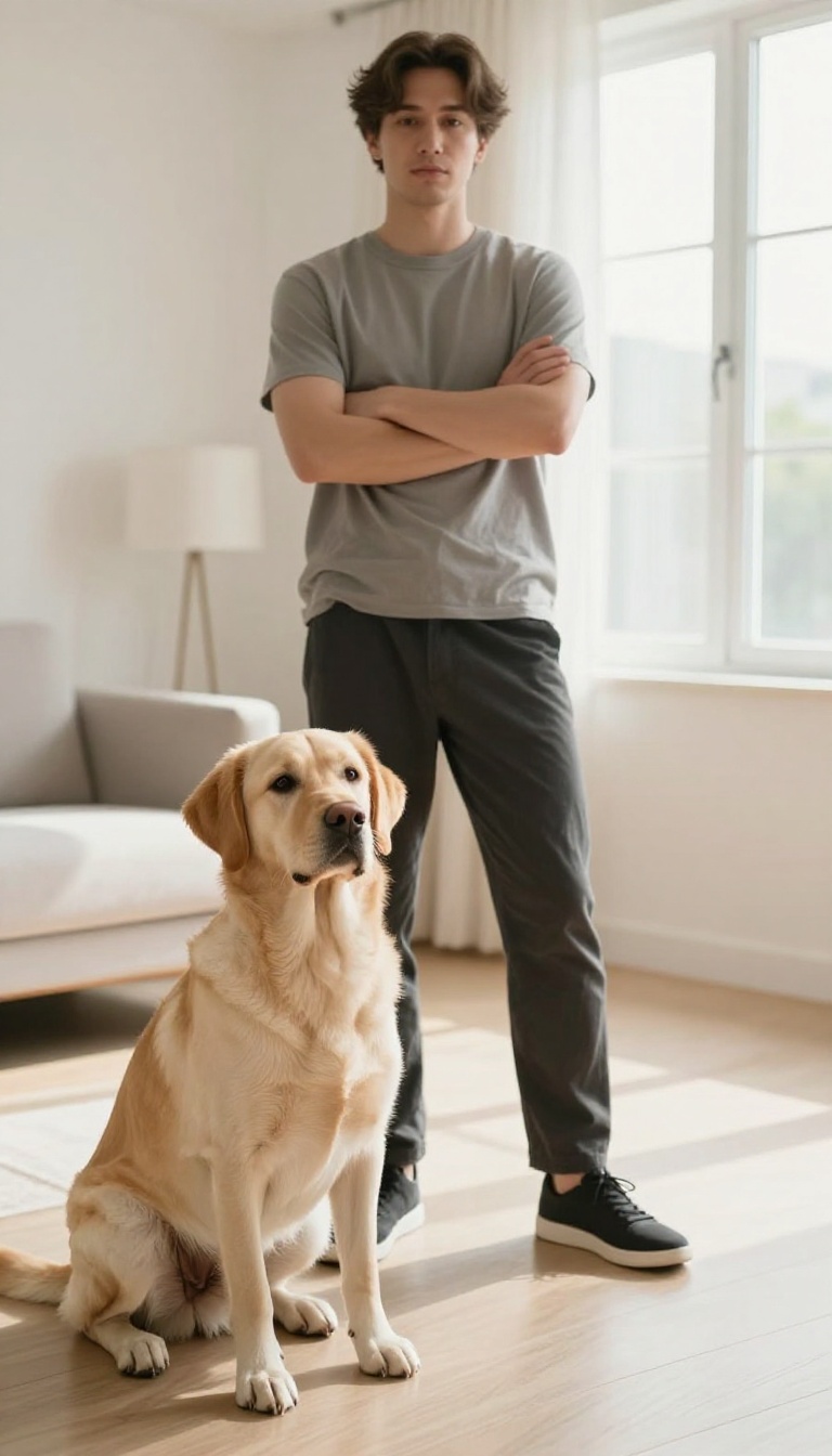 Person crossing arms to signal 'off' to a dog sitting nearby in a bright living room